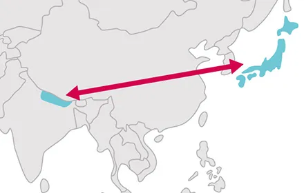 Map highlighting Japan and a region in southern Asia with a red arrow connecting them, indicating direction or movement between the two areas.