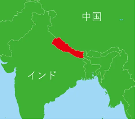Map highlighting Nepal in red between India and China, which are labeled in their respective languages. The surrounding regions are green.