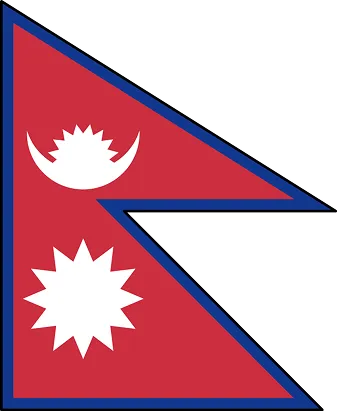 Triangular, double-pennant flag of Nepal on a black background, featuring a white sun and moon on a crimson field with a blue border.